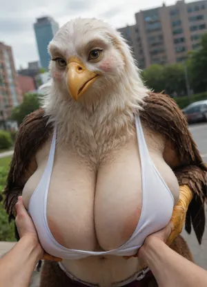 masterpiece, best quality, absurdres, highres, high quality, highly detailed, ((eagle woman, furry female anthro)), bald eagle, avian, furry female eagle, detailed feathers, fluffy feathers, brown feathers, yellow eyes, yellow beak, winged arms, arm feathers, crotch tuft, white tail, bird tail, thick eyebrows, no humans, heavy breathing, blush, gigantic breasts, curvy, tail, white sports bra, cleavage, areola slip. dutch angle, dynamic angle, breast focus, female focus, upper body, from above, standing, top pull, grabbing another's breast, squeezing, 1boy, human, light skin, arm hair, detailed background, outdoors, depth of field, park, city, sunlight, cloud, (((furry art, furry woman)))