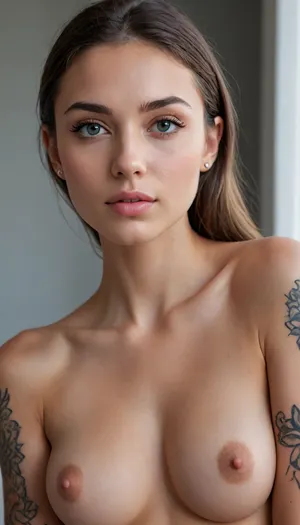 picture of a young 22 year old woman with a gently rounded, somewhat oval face shape. She has a soft jawline and a subtly defined chin that tapers slightly. Her mouth is big-sized with full, naturally pink lips, the upper lip having a gentle cupid's bow and the lower lip being slightly fuller. The nose is straight and slender with a delicate tip. Her cheeks are softly full, giving her a youthful appearance. She has expressive, almond-shaped eyes with dark brown irises, a slight upward tilt at the outer corners, and a noticeable eyeliner wing. Her eyebrows are medium-thick, well-groomed, and naturally arched, with a subtle eyebrow piercing above one eye. Her hair is long, straight, and dark brown, almost black, styled loosely around her shoulders. She has a small, delicate stud piercing on her neck/collarbone area and a noticeable sleeve tattoo on her right arm, featuring intricate patterns and possibly animal motifs, visible on her shoulder and upper arm and lower arm. she is naked.

very skinny body, small breast, big round firm butt, perfect feet, very muscular calves, very light skin that is slightly tanned, slightly longer and bigger labia and larger clitoris, high detailed face, high detailed pussy, high detailed asshole, very detailed eyes and face, entire body is oiled and shiny.

Full body in view, feet in view.

Lighting and style, studio-quality soft, even lighting with subtle directional key light from the front-left to create gentle modeling on the body, shallow depth of field, natural color grading, high-resolution detail, (hyperrealistic, 4k), realistic skin pores, individual hair strands visible. Background, bedroom and simple muted textured backdrop, (cool gray-blue), so the subject’s warm skin and hair stand out. Post-processing, minimal — no heavy retouching, no artistic filters, preserve natural imperfections and texture. Output, photorealistic, true-to-life likeness, high detail, natural tones."