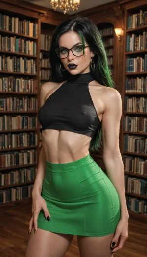 Realistic, Sexy Thick Shego 21 yo., beautiful small breasts, extreme waist, thick hips, extremely wide hips, extremely beautiful, slut, bimbo lips, beautiful face, cute glasses, deep cleavage, green eyes, medium black hair, black lipstick, bdsm slut, extremely bulge ass, bubble butt, seductive pose, standing, (Librarian:1.8), sexy black crop-top, green skirt, no_bra, University, Library, 41sl3, <lora:University_Library_41sl3:.8>