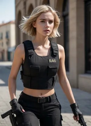 Side view, low angle, 8k, professional photography, cinematic lighting, best quality, ultra-detailed, fine detail, pixel perfect.

A flawlessly beautiful 22 year old woman. Slim supermodel body, medium breasts, slim legs, blonde hair, short bob, very straight hair. Running. Wearing black SAS fatigue, black teeshirt, black stab vest, black combat trousers, black boots, machine gun, iraq