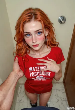 (pov, man's hands roughly grab her breasts), 1 woman, 165cm, slender, petite, small breasts, detailed face, hdr, detailed, (embarrassed:1.5), red t-shirt without text, white panties, knee-high grey woolen socks, super-high detail, russian, ginger, (straight hair:1.4), high detailed face, standing in the bathroom, (high detail), full body view, top view, implied, sunny day, volumetric light, extremely beautiful face, seductive look, flirtatious look, award-winning photo, pretty face, expressive eyes, heavy breathing