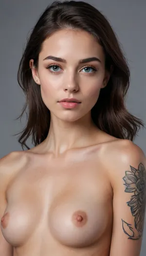 picture of a young 22 year old woman with a gently rounded, somewhat oval face shape. She has a soft jawline and a subtly defined chin that tapers slightly. Her mouth is big-sized with full, naturally pink lips, the upper lip having a gentle cupid's bow and the lower lip being slightly fuller. The nose is straight and slender with a delicate tip. Her cheeks are softly full, giving her a youthful appearance. She has expressive, almond-shaped eyes with dark brown irises, a slight upward tilt at the outer corners, and a noticeable eyeliner wing. Her eyebrows are medium-thick, well-groomed, and naturally arched, with a subtle eyebrow piercing above one eye. Her hair is long, straight, and dark brown, almost black, styled loosely around her shoulders. She has a small, delicate stud piercing on her neck/collarbone area and a noticeable sleeve tattoo on her right arm, featuring intricate patterns and possibly animal motifs, visible on her shoulder and upper arm and lower arm. she is naked.

very skinny body, small breast, big round firm butt, perfect feet, very muscular calves, very light skin that is slightly tanned, slightly longer and bigger labia and larger clitoris, high detailed face, high detailed pussy, high detailed asshole, very detailed eyes and face, entire body is oiled and shiny.

complete body is visible in the picture, feet are visible.

Lighting and style, studio-quality soft, even lighting with subtle directional key light from the front-left to create gentle modeling on the body, shallow depth of field, natural color grading, high-resolution detail, (hyperrealistic, 4k), realistic skin pores, individual hair strands visible. Background, bedroom and simple muted textured backdrop, (cool gray-blue), so the subject’s warm skin and hair stand out. Post-processing, minimal — no heavy retouching, no artistic filters, preserve natural imperfections and texture. Output, photorealistic, true-to-life likeness, high detail, natural tones."
