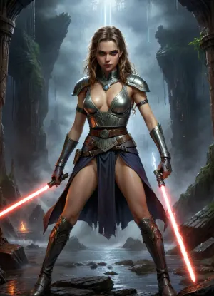 The film poster under scrutiny is a meticulously crafted work that captures the atmospheric essence of a dark fantasy from the 1980s, blending traditional painting techniques with the bold graphic elements of the era. The title, in large, luminescent metallic letters, evokes a neon or fire-inspired effect, perfectly aligning with the fantasy-adventure aesthetic of the time. Below, a tagline adds an ominous tone, such as "Beyond the veil of dreams, nightmares awaken…" or "She crossed into their world—now they won’t let her leave." The rich, dramatic color palette features deep blues, purples, and glowing golds, accentuated by high-contrast lighting for a powerful visual impact.

At the center, a distressed nude female warrior protagonist stands in a dynamic, almost cinematic pose. Her flowing cloak or medieval-inspired garment is adorned with modern 1980s touches like armor shoulder pads and a wide belt. Her voluminous, windblown hair frames her face, conveying expressions of horror and determination. One hand is defensively raised, while the other grips an ancient dagger or glowing artifact, symbolizing her fight against the impending threat.

The antagonist, an otherworldly creature, looms ominously in the background. This entity could be a shadowy, horned demon with luminous eyes and gnarled claws or a skeletal knight in obsidian armor, wielding a sword dripping with an unnatural mist. Its form shifts between reality and illusion, suggesting an existence beyond the ordinary plane. Ethereal, glowing runes circle the monster, symbolizing its connection to dark magic and its role as a conduit for otherworldly forces.

The backdrop seamlessly blends surreal fantasy with nightmarish horror. A stormy sky is illuminated by unnatural lightning, casting dramatic shadows across the jagged silhouette of a dark castle perched precariously on a cliffside. Below, a crumbling stone bridge leads into a swirling vortex, flanked by sinister hooded figures with obscured faces. On the periphery, creeping tendrils of darkness reminiscent of living shadows slither across the landscape, amplifying the sense of impending dread.

highly detailed opened Jedi costume, (beige fishnet stockings:1.2), (cape:1), slender, slim waist, long brunette matted dreadlocks, flat breasted, sweating skin, dirt, perfect tanned skin, lucky charm necklace, (perfect lightsaber:1.5), perfect hands, belt, highly detailed face, desert, floating warm sunlight, Background, (millennium falcon), R2-D2, shipyard, many droids Background, many droids, intricate detail, highly detailed, breathtaking, panoramic, cinematic, (3D, Framed, Woman), Macabre, FRESHIDEAS, Real, Photography, 2#, downblouse, nipslip, <lora:FRESHIDEAS Real Photography 2#:.9>, <lora:xl_more_art-full_v1:.8>, <lora:detailed_notrigger:.9>, <lora:RealDownblouseXL2:.4>