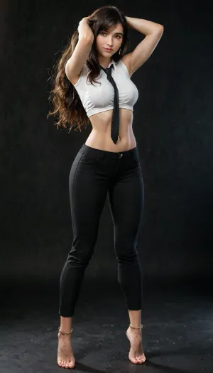 Solo, Beautiful tifa lock hart, looking in a seductive manner, eyes looking straight at the us, fair skin, long dark wavy hair, brown blazer, white shirt, black tie, black pant, sexy body, cute face, clear skin, close up, whole body visible, wearing golden anklets, golden bangles, golden chain, curvy figure, thick arms, thick hips, thick thighs, seductive face, looking at the viewer with lust, beautiful detailed face, amazingly sexy face, side view, standing straight in a sexy way, hands over her head, black background, rim lighting, key lighting, full body view, <lora:add-detail-xl:.8>, <lora:detailed_notrigger:2>, <lora:LCMTurboMix_Euler_A_fix:.8>, <lora:677862_training_data:.8>