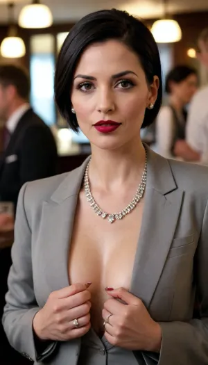 35 year old woman, beautiful face, black hair, extremely short hair cut, dark red lipstick. Wearing a man's suit, jacket open showing cleavage, no short, no blouse, no bra, naked underneath jacket, sides of breasts visible at jacket opening in front. diamond earrings, diamond necklace, diamond wedding ring on left hand. Setting in busy bar, many men and women in suits talking and drinking