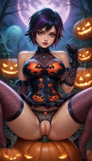 (reiq style art:1.1), (beautiful muscular GoGo Tomago:1.6), 1girl, solo, sexy and busty body, big breasts, (Asian skin:1.5), (dark moon stars bats ghost nighttime forest background:1.6), (doing seductive pose on top of a super big giant sizes pumpkins:1.6), lustful smiling face, brown eyes, scruffy black bob-cut hair with violet streaks on her bangs, makeup which consists of lavender eyeshadow, light blush, and subtle dust-pink lipstick muscular body, defined muscles, hourglass figure, perfect round breasts, perfect big round ass, defined body muscles, leg muscles, defined arm muscles, (sexy tight Vampires fishnet dress Costumes:1.4), (Vampires Costumes gloves:1.4), (fishnet Vampires laggings:1.4), (tight Vampires bat panties:1.4), (puffy swollen labia puffier:1.4), (pussy visible:1.4), Halloween, perfect fingers, A masterpiece of the highest quality, the work of a real master