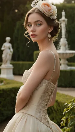 (masterpiece, best quality, photorealistic, ultra detailed, highres), 1girl, 20 year old woman, incredibly beautiful face with perfect symmetry and delicate bone structure, large expressive grey blue eyes framed by thick curled lashes, full peach lips, flawless pale porcelain skin with soft warm radiance, hyperfeminine hourglass body with ultra narrow waist, full wide hips, perfectly lifted large breasts tightly supported by fitted corset, long shapely legs, graceful seductive stance with soft hip tilt and shoulders gently drawn back, arms relaxed at sides or softly touching dress, hair styled in elaborate Belle Époque-inspired updo combined with long loose voluminous waves cascading past her waist, small floral pins and pearl accents in hair, wearing elegant cream ivory lace dress with tightly cinched high corset waist and flowing silk skirt hugging curves, intricate floral embroidery and semi-sheer layered textures, long lace gloves, delicate feathered mini hat with translucent veil, pearl drop earrings and gold heart locket, breeze lifting ends of her long hair and skirt, standing beside marble statue in the blooming Tuileries Garden, manicured hedges, pastel roses, distant classical fountain, soft golden afternoon light highlighting contours, cinematic framing, shallow depth of field, HDR, pastel color palette, soft haze, <lora:add-detail-xl:.75>, <lora:PerfectEyesXL:1>, <lora:cfg_scale_boost:.6>