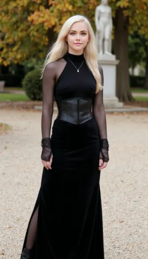 (masterpiece, best quality, highres, photorealistic, ultra detailed), full body portrait, 1girl, 20 year old stunning nordic woman, very pale porcelain skin, long straight platinum white hair flowing in soft autumn breeze, icy blue eyes, symmetrical refined face, sharp cheekbones, dark glossy lips, silver shimmer eyeshadow, strong confident expression, wearing form-fitting black witch-inspired fashion outfit, body-hugging black velvet turtleneck top, long high-waisted black skirt with slit to knee, tight black leather corset belt emphasizing slim waist and wide hips, long sheer sleeves with lace detail, (not see-through), sheer black tights, heeled leather boots, black gloves, silver pendant, minimal jewelry, soft black scarf trailing in wind, standing on a gravel path among autumn leaves in the Tuileries Garden, marble statue behind, soft overcast diffused lighting, shallow depth of field, cinematic framing, subtle rim light on silhouette, HDR, ultra sharp detail, subtle film grain