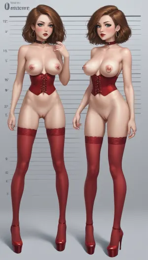 Kim Possible, beautiful breasts, naked, visible boobs, hiding her nipple with her hands, looking away, blushing, standing, mugshot, extreme blushing, furtive glance, skin wet, showing her shaved pussy and large breasts with nipple rings, a collar around her neck, a ring in her nose, ring in pussy lips, red high-heeled shoes, and a red corset, red stockings, dark mascara, dark red lipstick, (Multiple_views:1.4)