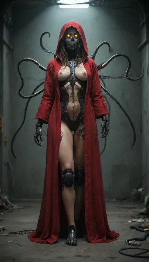 (Mechanicus, female tech priest:1), Full-length, cyberpunk, bionic body, ((mechanical tentacles)), mechanical arms mechanicus, robot eyes, high rank, dirty and torn red robe, hood, art by Hayao Miyazaki, wires and mechanisms in the body, cyborg, stunning eyes, gorgeous, twohanded axe, [3D], 0.9, best quality, masterpiece, perfect anatomy, highres, ultra-detailed, 8k wallpaper, illustration, texture, detail, unique, aesthetics, HDR, extremely detailed CG, beautiful detailed eyes, dynamic lighting, cinematic lighting, perfect face, ray tracing, cyberpunk city, pieces of flesh, body parts, iron fragments, wires, decay, fuel oil ., <lora:AdvancedEnhancerXLv2:1.5>, <lora:Mechanicus-000005:.5>, <lora:Servitor:.8>
