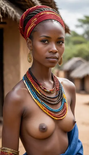 A stunning African tribeswoman standing proudly in her sunlit village. She has smooth, deep ebony skin that glows warmly under the golden light. Her face is strong and graceful, with high cheekbones, expressive dark eyes, and a serene, confident expression. Her hair is styled traditionally in intricate braids adorned with colorful beads and cowrie shells that catch the sunlight. Around her neck are layers of handcrafted bead necklaces in vivid reds, yellows, and blues, symbolizing heritage and strength.
She wears a beautifully patterned traditional wrap made from woven cloth in earthy and vibrant tones, draped elegantly over one shoulder. Her arms are adorned with brass bangles, and delicate face paint in white and ochre highlights her natural beauty. She stands tall with a regal posture, embodying pride and dignity.
Behind her, the village is alive with detail — round thatched huts, red clay earth, and acacia trees dotting the horizon beneath a wide blue sky. The air feels warm and full of life, capturing the essence of traditional African village life and timeless feminine grace.
She is topless. Her nude heavenly tits are firm and large., (((Exposed breasts))), (Nude), ((Show feet)), ((full frontal)), (((big tits))), (((realistic))), (((nipples))), (((show more of the scene))), ((wide camera angle)), (((topless))) A stunning African tribeswoman standing proudly in her sunlit village. She has smooth, deep ebony skin that glows warmly under the golden light. Her face is strong and graceful, with high cheekbones, expressive dark eyes, and a serene, confident expression. Her hair is styled traditionally in intricate braids adorned with colorful beads and cowrie shells that catch the sunlight. Around her neck are layers of handcrafted bead necklaces in vivid reds, yellows, and blues, symbolizing heritage and strength.
She wears a beautifully patterned traditional wrap made from woven cloth in earthy and vibrant tones, draped elegantly over one shoulder. Her arms are adorned with brass bangles, and delicate face paint in white and ochre highlights her natural beauty. She stands tall with a regal posture, embodying pride and dignity.
Behind her, the village is alive with detail — round thatched huts, red clay earth, and acacia trees dotting the horizon beneath a wide blue sky. The air feels warm and full of life, capturing the essence of traditional African village life and timeless feminine grace.
She is topless. Her nude heavenly tits are firm and large., (((Exposed breasts))), (Nude), ((Show feet)), ((full frontal)), (((big tits))), (((realistic))), (((nipples))), (((show more of the scene))), ((wide camera angle)), (((topless)))