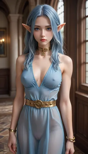 young slender elf in a transparent blue dress, blue hair, long hair, decline, (medium breast:1.5), wide gold belt, pussy, golden slave collar, gold slave bracelets on her arms, uberfit, muscular, athletic, <lora:uberfit_lora_sdxl:1>