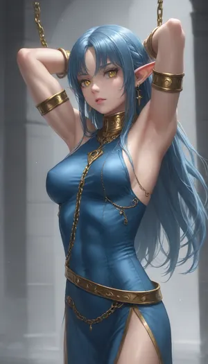 young slender elf in a transparent blue dress, blue hair, long hair, decline, (medium breast:1.5), wide gold belt, golden slave collar with a chain, gold slave bracelets on her arms, (smooth armpits:1.5), uberfit, muscular, athletic, (negative_v2, Color_Balance_Calibration:.8), (many, hands, caress, a, woman's, body:1.3), <lora:uberfit_lora_sdxl:1>