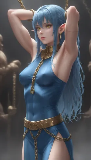 young slender elf in a transparent blue dress, blue hair, long hair, decline, (medium breast:1.5), wide gold belt, golden slave collar with a chain, gold slave bracelets on her arms, (smooth armpits:1.5), uberfit, muscular, athletic, (negative_v2, Color_Balance_Calibration:.8), (many, hands, caress, a, woman's, body:1.3), <lora:uberfit_lora_sdxl:1>
