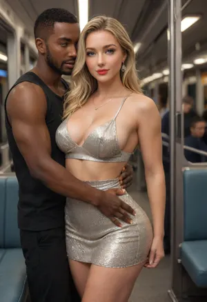 (masterpiece, best quality), explicit interracial couple caressing on the Subway. French woman, blonde hair, facing the camera, 40 years old, (beautiful:1.7), wedding ring, (curvy:1.5), ((fertile goddess)), wide hips, big bubble butt, thick thighs, dressed, sequin party minidress, no bra, covered natural hanging breasts, protruding nipples, (soft natural teardrop breasts), (C cup breasts), perfect heavy makeup, red lipstick, seductive eyes, wry smile, looking at the viewer, closed lips, sexy head-tilt, S-curve model pose, (((embraced from behind))), his hands are caressing her body, 1man, (((male model face))), black African, black skin, smart clothes, muscular, athletic, bulging brutish muscles, his massive masculine hands are holding her hips, (caressing:1.6), . Subway train, midnight, empty, deserted, dim lighting, artificial lighting, late night setting, energetic tone, front view, side view, strip light lighting from the front, desaturated colours, captured with a Leica M10, Leica Summilux 50mm f/1.4 lens, sharp focus, best shadow, score_9, score_8_up, 8K, UHD, clear image, extremely sharp, extremely detailed, extremely intricate detail, high res, ultra-high-definition, highly detailed, ultra-sharp textures, finely detailed, perfect skin texture, hyperrealistic lighting, professional photography, full dynamic range, deep contrast, high clarity, realistic depth of field, HDR, perfect exposure, smooth gradients, volumetric lighting, natural reflections, ultra-fine details, realistic skin pores, individual hair strands, bokeh, soft shadows, color-graded, Subw4y, tr41n, green, eyes, blue, brown, perfecteyes, <lora:attractive_notrigger:1.5>, <lora:681678_training_data:.8>, <lora:Subw4y_tr41n:.8>, <lora:PerfectEyesXL:.8>, <lora:bigg:.8>