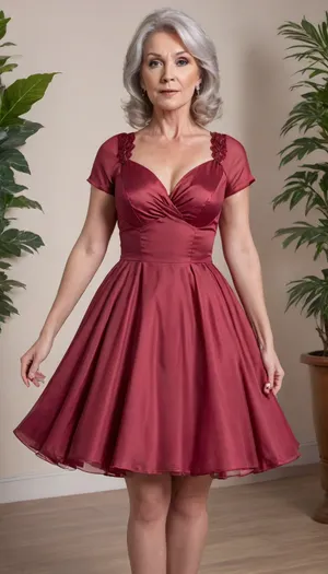 (mature:1.9), (gilf:1.9), (burgundy diaphanous circle dress:1.8), blazer, very busty, large hanging tits, The image shows a well-dressed old woman with a confident yet seductive expression, looking directly at the camera, Her long hair is neatly tied back, and her makeup is natural and subtle, Black lace stockings, The background appears to be an elegant indoor setting, likely an office or hotel, with plants and wooden doors visible, The overall impression is minimalist, simplified, formal, business, professional, and sophisticated, <lora:xl_princess_dress-2.0:1.1>, <lora:xl_diaphanous_dress-1.0:1.2>, circle, dress, <lora:8fcf1204-8988-4a6b-81d6-6595f4184458.TA_trained:.8>