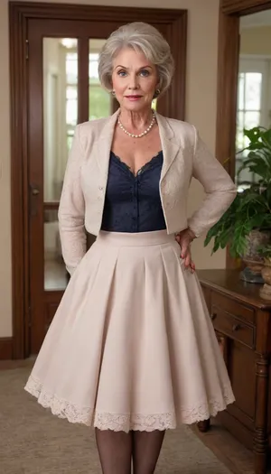 (mature:1.6), (gilf:1.6), The image shows a well-dressed, middle-aged woman with a confident yet friendly expression, looking directly at the camera. She is wearing the most beautiful sheer suit — a blazer and matching short lace circle skirt — with a light-colored top underneath. Her hair is neatly tied back, and her makeup is natural and subtle. Black lace stockings The background appears to be an elegant indoor setting, likely an office or hotel, with plants and wooden doors visible. The overall impression is professional, refined, and sophisticated, hoopdress, (circle skirt:1.5)