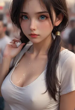 1girl, solo, (((Videl from dragonball super))), (30 y.o), ((housewife)), ((she is more older)), standing, (blue eyes), (big eyes), (high forehead), (long straight hair), (black hair), (low pigtails that stop at her chest), (large breasts), (wearing a long loose white t-shirt and jeans pants), upper body view, ((Close-up)), ((focus on face)), ((front side view)), (head fully exposed), ((((crowd of people around)))), (athletic body:1.5), (tanned body:1.3), (tan lines:1.4), (oiled body:1.3), (sweaty body:1.4), (shiny body:1.5), (sweat dripping from body), ((textured skin)), ((realistic skin:1.7)), seductive gaze, ultra detailed eyes, ultra detailed face, perfect pussy, perfect hands, perfect fingers, contrasting shadows, (dark shadows:.9), bright light patches, well-lit scene, (high contrast:1.8), (maximum quality:1.5), (high resolution:1.5), (ultra realism:1.5), ((focus on body:2)), (colorful:1.4), (brightness:1.4), professional photography, <lora:SDXLHighDetail_v6-000005:.5>, <lora:BUT_SDXL_SHS:.8>, <lora:gldnglry:.4>, <lora:detailed_notrigger:.8>, <lora:Bulma1024:1>