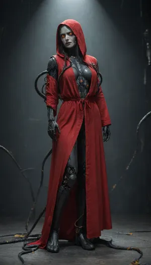 (Mechanicus, female tech priest:1), Full-length, cyberpunk, bionic body, ((mechanical tentacles)), mechanical arms mechanicus, robot eyes, high rank, red robe, hood, art by Hayao Miyazaki, wires and mechanisms in the body, cyborg, stunning eyes, gorgeous, twohanded axe, [3D], 0.9, best quality, masterpiece, perfect anatomy, highres, ultra-detailed, 8k wallpaper, illustration, texture, detail, unique, aesthetics, HDR, extremely detailed CG, beautiful detailed eyes, dynamic lighting, cinematic lighting, perfect face, ray tracing, cyberpunk city, pieces of flesh, body parts, iron fragments, wires, decay, fuel oil ., <lora:AdvancedEnhancerXLv2:1.5>, <lora:Mechanicus-000005:.5>, <lora:Servitor:.8>