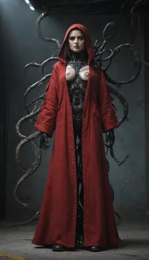 (Mechanicus, female tech priest:1), Full-length, cyberpunk, bionic body, ((mechanical tentacles)), mechanical arms mechanicus, robot eyes, high rank, dirty and torn red robe, hood, art by Hayao Miyazaki, wires and mechanisms in the body, cyborg, stunning eyes, gorgeous, twohanded axe, [3D], 0.9, best quality, masterpiece, perfect anatomy, highres, ultra-detailed, 8k wallpaper, illustration, texture, detail, unique, aesthetics, HDR, extremely detailed CG, beautiful detailed eyes, dynamic lighting, cinematic lighting, perfect face, ray tracing, cyberpunk city, pieces of flesh, body parts, iron fragments, wires, decay, fuel oil ., (((Servitors))), Servos of the Skull, <lora:AdvancedEnhancerXLv2:1.5>, <lora:Mechanicus-000005:.5>, <lora:Servitor:.8>