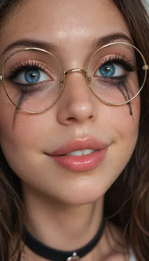 (Young petite tiny cutie girl:1.7), 18 years old, masterpiece, (shiny skin), (((close-up face:1.8))), (skinny:1.5), brown long hair, (blue eyes), (ruined makeup:1.4), (seductive smile:1.4), (((big long eyelashes))), (very busty:1.7), (ab crack), ((wet Skin)), ((round glasses)), choker, covered long erect nipples, (in the shower), ((she is wearing fishnet stockings contrasting)), shadows, bright light patches, light caustics, (Dynamic angle:1.5), (((best quality))), amazing quality, high contrast, volumetric lighting, intricate details, view from side, (((photorealistic))), (((very big lips))), pink lipstick, <lora:illustrious_styles_v3_vpred:.1>, <lora:678016_training_data:.8>, facialized, superfacialized, <lora:facialized:.8>