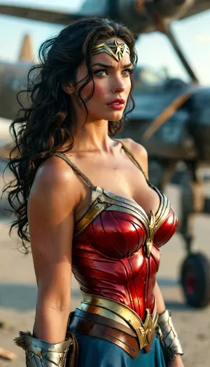 Create an image of *Wonder Woman* in her classic WWII-era costume, a red, gold-breasted armor top with a prominent eagle emblem, emphasizing her enormous 36DD breasts and showing deep cleavage. Focus on her breasts, showing her from the waist up and capturing her confident expression. Include her golden tiara and silver bracelets, with the lasso of truth subtly in view. The background features a WWII U.S. air base runway with vintage aircraft and a clear blue sky., but, <lora:MJ52:2>, <lora:add-detail-xl:2>, <lora:BUT_SDXL_SHS:.3>
