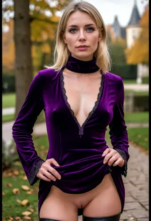 (masterpiece, best quality:1.2), 1 czech mid age woman, (1 woman in dark purple velvet minidress, leather boots:1.4), short dyed blonde bangs hair with middle parting, hair tucked behind the ears, green eyes, outdoors, in sunny cold autumn bohemian castle park, she goes for a walk, (her face is covered with cum, cum on her chest, cum on clothes, cum threads drip from chin:1.4), photorealism, braless, Wearing, clothes, that, make, sense, with, Braless>, <lora:style_lora_realis:.5>, <lora:bralessSDXL_v1_00022:.5>, skirtlift, <lora:skirtlift_xl:.8>