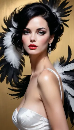 David Downton Pavel Guzenko oil painting beautiful woman and glamour of elegant with black hair, with feathers in her hair, cgsociety contest winner, very aesthetic, eroticart abstract granq sfumato modernart retro style digital art and glamour