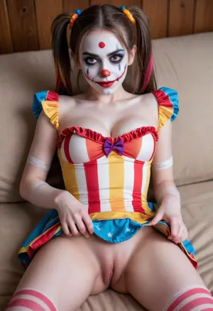 young beautiful girl 18 years old clown girl with big breasts, wearing a pulled-up dress without any underwear, laying on her back with spread legs, no panties, long striped socks, clown makeup, skinny, white face paint, detailed vagina, looking at the viewer, back long high twin multi-colored ponytails, excited, aroused, tack sharp, 4k, dslr