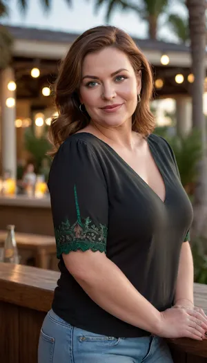 Photorealistic image of a mature, full-figured Mediterranean woman standing at an outdoor cocktail bar at a luxury resort during golden hour. She has shoulder-length chestnut brown hair with silver strands, expressive light blue-green eyes, soft fine lines, and full lips. She wears a fitted black blouse with short sleeves and dark-wash high-waisted jeans that hug her curvaceous figure, including a soft midsection and shapely thighs. Her wedding ring with a large diamond is visible on her left hand. She stands facing the viewer with a warm smile, her posture relaxed and inviting. The bar behind her glows with soft amber light, surrounded by palm trees and resort architecture. The mood is cinematic and emotionally open.