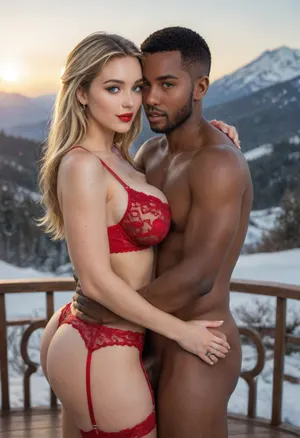 Photorealistic, Best quality, masterpiece, interracial couple embracing facing each other, dark theme., (((night))), .

1woman, French, 40 years old, (beautiful:1.8), ((blonde hair)), (((bright blue eyes))), ((Sexy red lingerie with garter belt)), looking at the viewer, (hedonistic expression of pure joy), perfect heavy makeup, red lipstick, (natural soft breasts), (B cup breasts), (teardrop breasts), cleavage, breasts squeezed against his chest, (curvy:1.7), (((fertile goddess))), ((big bubble butt)), ((very wide hips)), (thick thighs), perfect detailed hands, (wedding ring), .

Standing, embracing, with, (1man), (((Black African man))), (male model face), ultra-muscular, athletic, big flaccid cock, front side view, close-up view.

Outdoor at a skiing location, luxury balcony, wooden deck, balustrade, snow-capped mountains, natural stone accents, twilight sky, peaceful and serene atmosphere, (evening:1.4), .

Captured with a Leica M10, Leica Summilux 50mm f/1.4 lens, sharp focus, score_9, score_8_up, 8K, UHD, clear image, extremely sharp, extremely detailed, extremely intricate detail, high res, ultra-high-definition, highly detailed, ultra-sharp textures, finely detailed, perfect skin texture, hyperrealistic lighting, professional photography, full dynamic range, deep contrast, high clarity, realistic depth of field, HDR, perfect exposure, smooth gradients, volumetric lighting, natural reflections, ultra-fine details, realistic skin pores, individual hair strands, bokeh, soft shadows, color-graded., Garterbelt, black, fabric, floral, embroidery, wearing, the, garterbelt, iron, chains, <lora:attractive_notrigger:1.5>, <lora:681678_training_data:.8>, <lora:WildcardX-XL-Detail-Enhancer:.8>, <lora:GarterbeltXL:.8>, <lora:256210_training_data:.8>