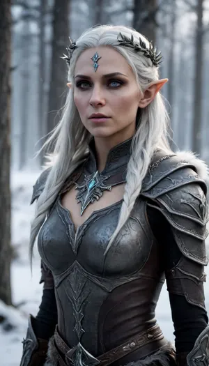 A cinematic portrait of a Dunmer, (dark elf), woman standing in the frozen wilderness of Skyrim. Her skin is ash-gray, eyes completely black and glowing faintly with inner fire. Long ashen-white hair flows in the cold northern wind, adorned with a wreath of thistle and frost-touched leaves. She wears light leather armor with fur details and ancient elven engravings, both practical and elegant. Two curved daggers hang from her belt — one on each side — their blades reflecting the pale light of a distant aurora. Snow drifts around her as she stands among jagged rocks and skeletal trees, her expression calm but deadly. The camera slowly circles her, highlighting her otherworldly beauty and silent strength. Cold cinematic lighting, high realism, Nordic fantasy atmosphere, inspired by The Elder Scrolls, Skyrim, 4K epic detail, wind-blown hair and drifting snow particles.