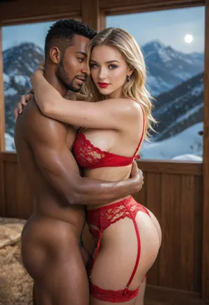 Photorealistic, Best quality, masterpiece, interracial couple embracing, dark theme., (((night))), .

1woman, French, 40 years old, (beautiful:1.8), ((blonde hair)), (((bright blue eyes))), ((Sexy red lingerie with garter belt)), looking at the viewer, (hedonistic expression of pure joy), perfect heavy makeup, red lipstick, (natural soft breasts), (B cup breasts), (teardrop breasts), breasts squeezed against his chest, (curvy:1.7), (((fertile goddess))), ((big bubble butt)), ((very wide hips)), (thick thighs), perfect detailed hands, (wedding ring), .

Standing, embracing, with, (1man), (((Black African man))), (male model face), ultra-muscular, athletic, front side view, close-up view.

Outdoor at a skiing location, luxury balcony wooden deck, surrounded by snow-capped mountains, natural stone accents, twilight sky, peaceful and serene atmosphere, (evening:1.4), .

Captured with a Leica M10, Leica Summilux 50mm f/1.4 lens, sharp focus, score_9, score_8_up, 8K, UHD, clear image, extremely sharp, extremely detailed, extremely intricate detail, high res, ultra-high-definition, highly detailed, ultra-sharp textures, finely detailed, perfect skin texture, hyperrealistic lighting, professional photography, full dynamic range, deep contrast, high clarity, realistic depth of field, HDR, perfect exposure, smooth gradients, volumetric lighting, natural reflections, ultra-fine details, realistic skin pores, individual hair strands, bokeh, soft shadows, color-graded., Garterbelt, black, fabric, floral, embroidery, wearing, the, garterbelt, iron, chains, <lora:attractive_notrigger:1.5>, <lora:681678_training_data:.8>, <lora:sdxl_photorealistic_slider_v1-0:.8>, <lora:WildcardX-XL-Detail-Enhancer:.8>, <lora:GarterbeltXL:.8>