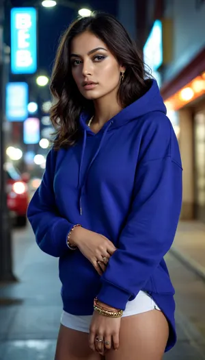 Indian curvy hourglass figure oversized 38 yo woman in a men’s long oversized cobalt colour Balenciaga designer hoodie . She should look confident and fashionable, in a clean, neon lights japan street setting.slut makeup, rolex watch, bracelet, She wearing white sneakers, without pants The final result should be professional, vibrant, and ad-worthy, as if from a modern fashion campaign, closeup view, <lora:Midjourney Image Enhancer XL v1:.5>