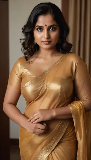 A photographer's muse, looking into the camera lens. She sees the world in a special way, catching moments that elude others. She is 40 yo oversized curvy indian woman beautiful wearing modern golden copper saree see-through transparent blouse that emphasize her individuality. Realism, bright light, contrasting colors, YJ, <lora:jing:.5>