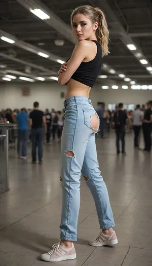 masterpiece, photorealistic, maximum details, an extremely beautiful young woman, massive boobs, blonde shaved pussy, side view, very slim waist, long straight blonde hair tied to a ponytail, twerking, pussy, legs wide spread, wearing torn ripped baggy pants and extremely short baggy tanktop, underboobs, full body, crowded airport