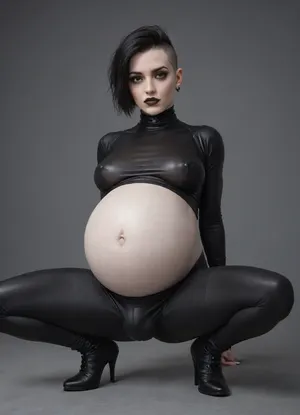 one person, Goth, pregnant goth futanari, (full body visible, legs apart), (pale skin:1.8), (body type fit:1.7), (big pregnant belly covered by black bodysuit), narrow face, thin neck, (short undercut hairstyle), black hair, (medium cock:1.2), ((Bulge Through bodysuit:1.3), (penis bulge:1.3)), (round ass:1.2), (muscular legs:1.1), (small tits:1.4), ((heels strips), the whole body is covered with a black transparent nylon bodysuit, transparent bodysuit covering the neck and chest, boobs in transparent nylon, transparent bodysuit, dense durable transparent shapewear bodysuit, goth make-up, black lipstick) one person, Goth, pregnant goth futanari, (full body visible, legs apart), (pale skin:1.8), (body type fit:1.7), (big pregnant belly covered by black bodysuit), narrow face, thin neck, (short undercut hairstyle), black hair, (medium cock:1.2), ((Bulge Through bodysuit:1.3), (penis bulge:1.3)), (round ass:1.2), (muscular legs:1.1), (small tits:1.4), ((heels strips), the whole body is covered with a black transparent nylon bodysuit, transparent bodysuit covering the neck and chest, boobs in transparent nylon, transparent bodysuit, dense durable transparent shapewear bodysuit, goth make-up, black lipstick)