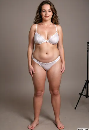 sexy mature milf, 45 years old, bbw woman, make up, hoop earrings, necklace, very small natural saggy tits, dark blonde brown, long hair, freckles, good lighting, photorealistic, full body view, looking at the camera, naught shy smile face, very high wide full coverage waisted light green/white lingerie, briefs, pointed stilettos, showing her front, front view, pelvis, (cameltoe:1.3)