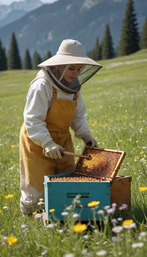 A beautiful female beekeeper harvesting honey in alpine meadows during spring, bright and lively scene, high-quality photography, maximum resolution, HD, vivid colors, 8k detail, perfect sharpness, the honey glows brightly under the sunlight, lush green grass, wildflowers surrounding her, bright sunlight simplifying the scene, natural and serene atmosphere, hyper-realistic style, cinematic lighting, detailed textures