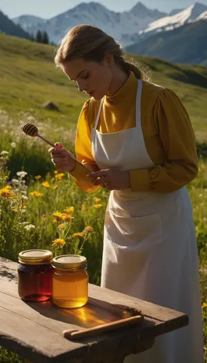 A hyper-realistic photograph of a beautiful female beekeeper, representative of alpine meadow residents, conducting a honey tasting in a lush alpine meadow. She wears traditional alpine attire and stands beside a rustic wooden table with jars of golden honey and tasting spoons. The meadow is filled with colorful wildflowers, rolling green hills, and snow-capped mountains in the distance. Captured at golden hour, with warm, soft sunlight casting long shadows and a gentle glow across the landscape. Shot with a DSLR using a 50mm prime lens, shallow depth of field, cinematic composition, ultra-high detail, natural color grading, and bokeh in the background for added realism.