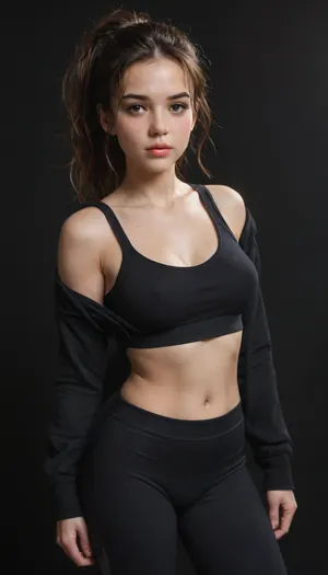 masterpiece, high_quality, highres, iridescent, subsurface scattering, crack of light, dark, night, looking at viewer, blush, slightly parted lips, 1girl, adult woman, asymmetrical breasts, skin pressed, soft thighs, brown hair, straight hair, ponytail, messy hair, brown eyes, open centre, sport bra, arched back, obersized shirt, one side off the shoulder, long sleeves, leggings, standing, black background, shadows, motion lines