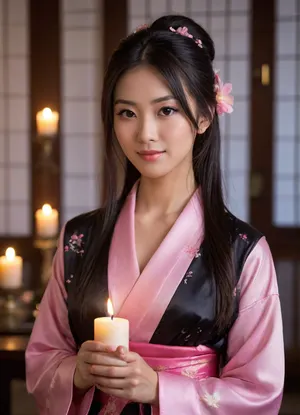 Waist up three quarter front view portrait of a beautiful 25 year old Japanese woman wearing a black and pink kimono. Aquiline nose, big brown eyes, subtle smile. Long silky black hair, butterfly clip in her hair. In a temple, holding a candle, candlelight lighting.