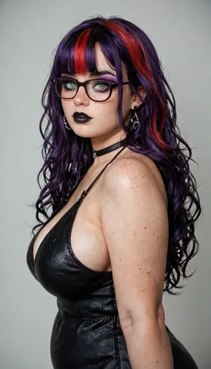 sexy goth woman, 18 years old, long hair and bangs, purple hair with red highlights, freckles, glasses, green eyes, British, eyeliner, mascara, purple eyeshadow, black lipstick, chubby, large breasts, black dress sexy goth woman, 18 years old, long hair and bangs, purple hair with red highlights, freckles, glasses, green eyes, British, eyeliner, mascara, purple eyeshadow, black lipstick, chubby, large breasts, black dress