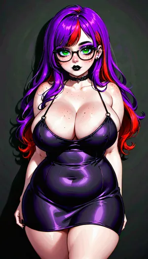 sexy goth woman, 18 years old, long hair and bangs, purple hair with red highlights, freckles, glasses, green eyes, British, eyeliner, mascara, purple eyeshadow, black lipstick, chubby, large breasts, black dress