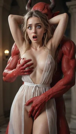 A tall slender very beautiful woman in open transparent robe stands with red skin monster and hugs his neck, topless, very long blonde hair, ((demon's hand on the woman's crotch and fingering)), ((rough strong groping breast)), grabbing boob, High detail, excellent image quality, perfect hands, (her hands behind her head), (shocked expression:1.9), big meaningful eyes, long fake eyelashes, very big lips glossy red, color eyeliners, ultra heavy makeup, dark temple, night, moonlight, fx-monsters-xl-meatsack, creature, monster, <lora:detailed_notrigger:.7>, <lora:fx-monsters-xl-meatsack:.8>