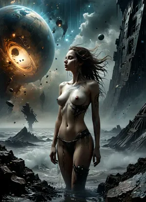 photorealistic, (masterpiece, ultra-detailed:1.4), cinematic, (Erotic photography by Hegre in the style of Met-art:1.5), detailed lips, fine details, skin pores, symmetrical face, healthy hair, bright curls, very long hair, beautiful lively eyes, clear eyes, penetrating gaze, Panoramic shot, everything is visible, the pyramids are partially flooded, a beautiful and creepy world in which you want to stay, calling to yourself every night, An ancient alien world, scattered stars, nebulae and galaxies are visible in the sky, huge black pyramids towering over the landscape, black sand, the sea next to the pyramids, full-length photography, the whole body is visible, (pyramids of black obsidian:1.1), an eerie and otherworldly mood, with a sense of mystery and danger, a photograph of a dark and disturbing scenario influenced by the works of H.R. Giger and H.F. Lovecraft is a disturbing work of art, the landscape is dotted with black rocks, grotesque fantasies by H.R. Giger.

Cyborg woman, fully naked astronaut, looks into the depths of space, Boundless ocean, space, stars, milky way, giant planets, Jupiter, moon, storm, hurricane, sea foam, night, darkness, infinity of space, meteor shower, distant stars, red dwarfs, Powerful lightning strikes, Andromeda nebula, alpha Cintaura, supernova explosion, Mercury craters, Io volcanoes, ice on Jupiter's moon Europa, radiation, green and blue light, rapidly growing neutron star, mareks fighting a storm, strong wind tearing sails, galleon, shipwreck, Solid darkness, impenetrable night, the sun in black space at a great distance, the afterlife of Pluto, the Orta cloud, Thunderstorms, gas clusters, neutron star, electromagnetic field, Earth's magnetic field, pervasive radiation, radio waves, extremely intense cosmic radiation, nuclear fusion, big bang, The sun in the sky, spacecraft of unknown origin, alien ship, film "predator", female predator, Solar wind blows away Saturn's rings, cosmic radiation, space mission, odyssey, colonization of planets, space tourism, the film "promitey", the film "alien", Neutron star, black hole, neutron collider, Star Wars movie, Invaders of the Planets, Independence Day, Space station, female astronaut, film, Flight at the speed of light, superluminal thrust, nuclear thrust, space ark, spaceship for interstellar flights, Space dust, space storm or urogan, space storm, earth planet groups, collision of planets, explosion of the universe, a spaceship at a great distance, a space station orbiting a planet, Boundless, endless, frightening, cruel, cold, empty space, (perfect fingers:1.2), piercing, ultra details, grim, highly detailed, drkms, <lora:cfg_scale_boost:.4>, <lora:MJ52:.9>, <lora:LCMTurboMix_Euler_A_fix:2>, <lora:DarkGrimFantasyXL-000004:.5>, <lora:HandFineTuning_XL:.9>