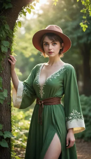 Realistic photography, Fantasy, magical, medieval, solo, 1girl, mage, mage robe, short loose dress, mage hat, leaf designs, short hair, round face, big bright eyes, broad shoulder, deep collarbone, squeezed cleavage, slim waist, calm, alluring, seductive, detail background, backlight, green nature healing magic circle, vines, leaf, tree, <lora:EnvyCuteSliderXL01:2>