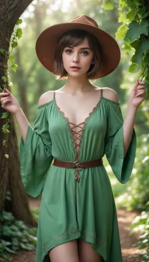 Realistic photography, Fantasy, magical, medieval, solo, 1girl, mage, mage robe, short loose dress, mage hat, leaf designs, short hair, round face, big bright eyes, broad shoulder, deep collarbone, squeezed cleavage, slim waist, calm, alluring, seductive, detail background, backlight, green nature healing magic circle, vines, leaf, tree, <lora:EnvyCuteSliderXL01:2>