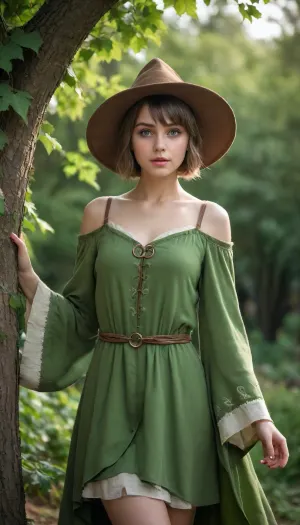 Realistic photography, Fantasy, magical, medieval, solo, 1girl, mage, mage robe, short dress, mage hat, leaf designs, short hair, round face, big bright eyes, broad shoulder, deep collarbone, squeezed cleavage, slim waist, calm, alluring, detail background, backlight, green nature magic circle, vines, leaf, tree, <lora:EnvyCuteSliderXL01:2>