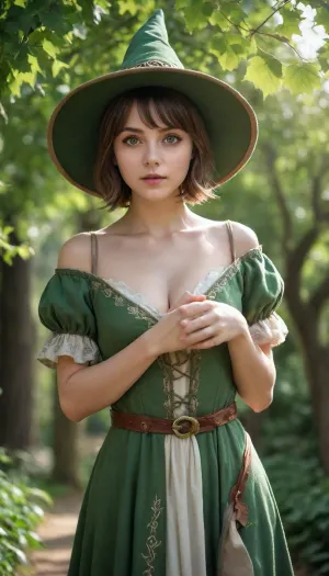 Realistic photography, Fantasy, magical, medieval, solo, 1girl, mage, mage robe, short dress, mage hat, leaf designs, short hair, round face, big bright eyes, broad shoulder, deep collarbone, squeezed cleavage, slim waist, calm, alluring, detail background, backlight, green nature magic circle, vines, leaf, tree, <lora:EnvyCuteSliderXL01:2>